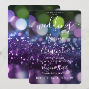 Personalise: Purple Green Bokeh Wedding Invitation