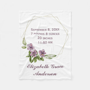 Personalise Purple Green Floral Birth Stats Baby Fleece Blanket