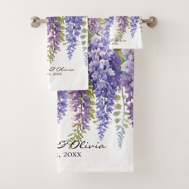 Personalise purple watercolor wisteria floral  bath towel set (Insitu)