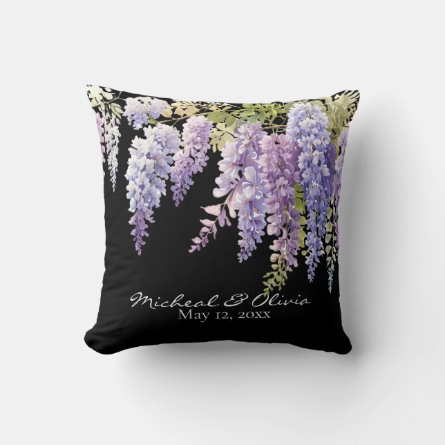 Personalise purple watercolor wisteria floral  cushion (Front)