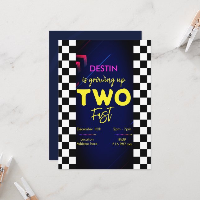 Personalise racing two fast birthday invitation (Front/Back In Situ)