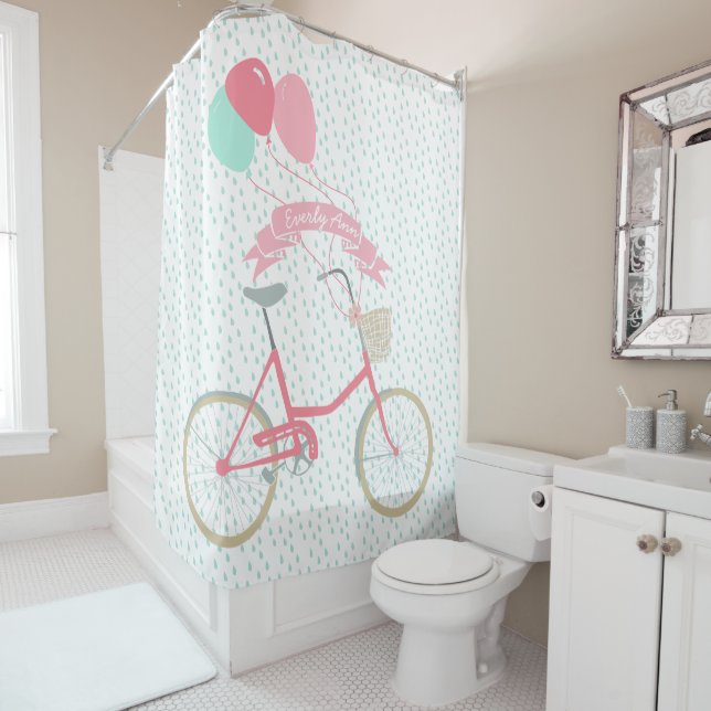 Personalise Rain Drop Vintage Bike Balloons Shower Curtain (In Situ)