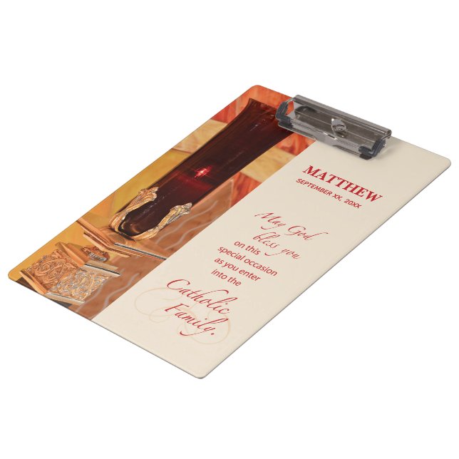 Personalise, RCIA Congratulations, Catholic, Red Clipboard (Angled)