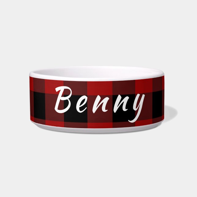 Personalise Red and Black Buffalo Plaid Pet Bowl (Front)