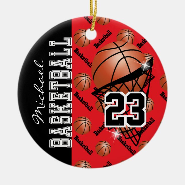 Personalise Red Basketball Ceramic Ornament (Front)
