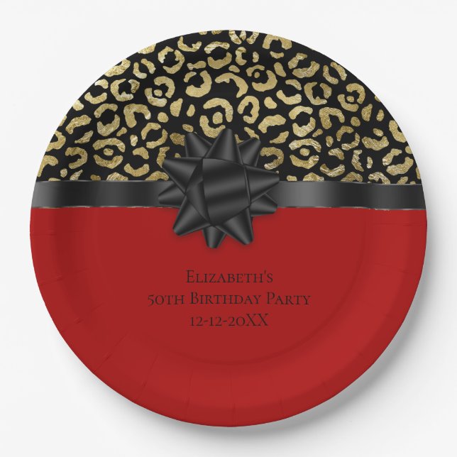 Personalise Red Black Gold Leopard Print Birthday Paper Plate (Front)