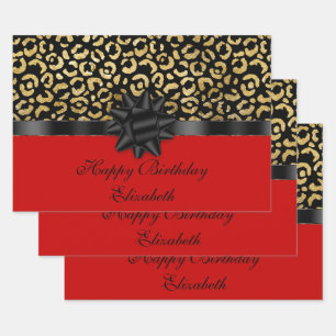 Personalise Red Black Gold Leopard Print Elegant  Wrapping Paper Sheet