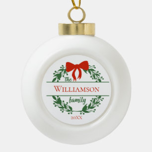 Personalise Red Green Wreath Family Name Christmas Ceramic Ball Christmas Ornament