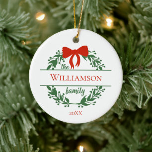 Personalise Red Green Wreath Family Name Christmas Ceramic Ornament