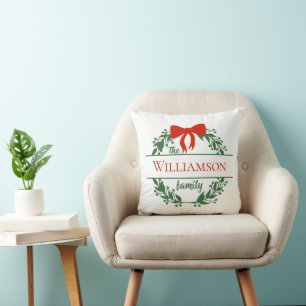 Personalise Red Green Wreath Family Name Christmas Cushion