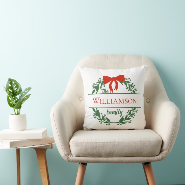 Personalise Red Green Wreath Family Name Christmas Cushion (Chair)