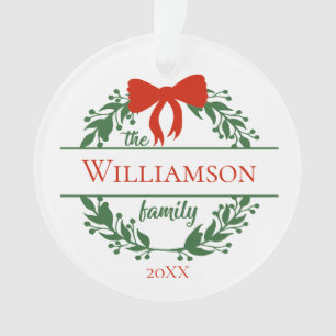 Personalise Red Green Wreath Family Name Christmas Ornament