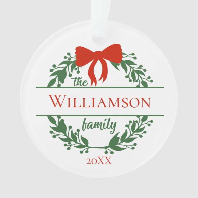Personalise Red Green Wreath Family Name Christmas Ornament (Front)