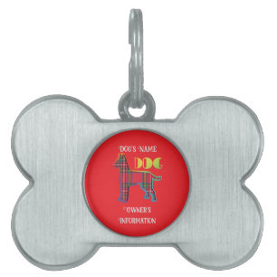Personalise Red Plaid Red DOG Bone Pet ID Tag