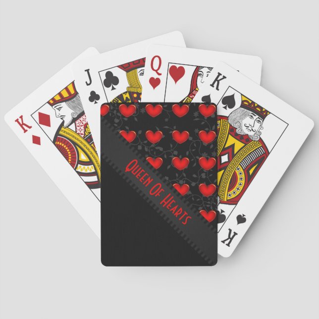 Personalise Red Queen Of Hearts Hearts Grey Vines Playing Cards (Back)