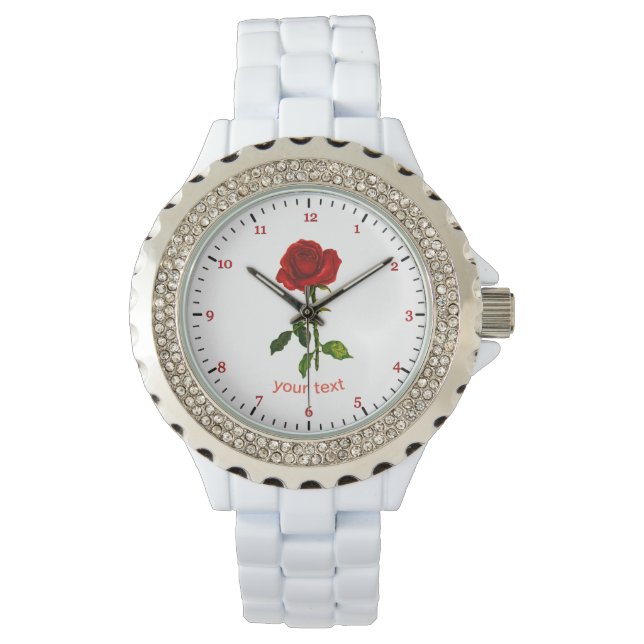 Personalise Red rose with leaves Custom name Watch (Front)