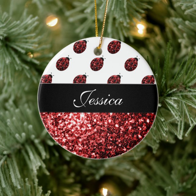 Personalise red sparkles Ladybird Ladybug Ceramic Ornament (Tree)