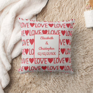 Personalise Red White Love Hearts Wedding Date Cushion