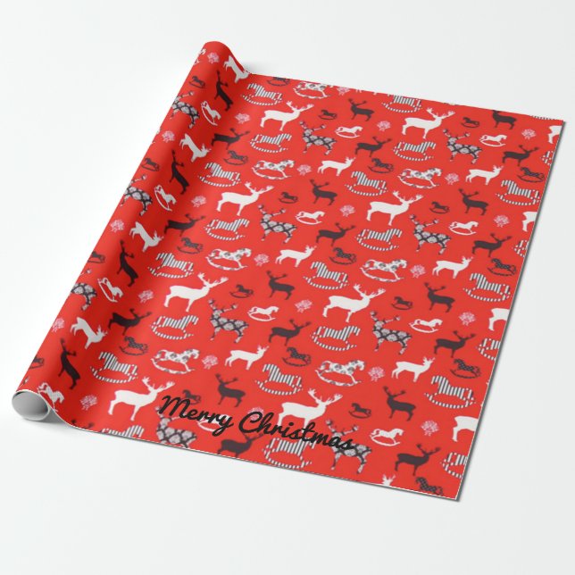 Personalise REINDEER DEER ROCKING HORSE Christmas Wrapping Paper (Unrolled)