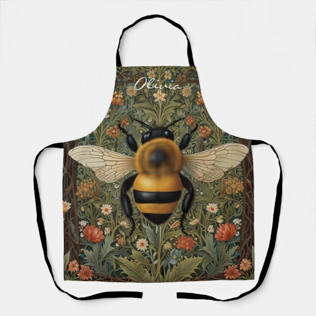 Personalise retro bumblebee boho botanical floral  apron (Front)