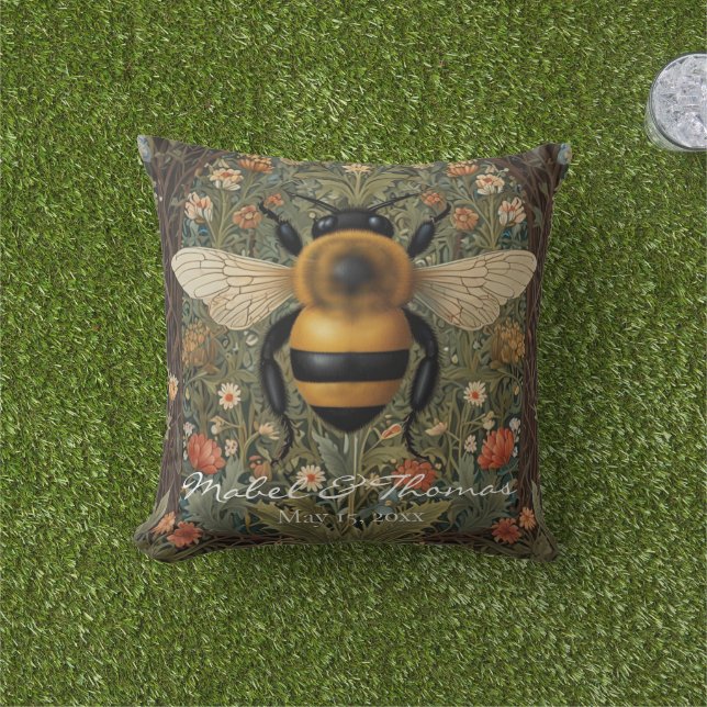 Personalise retro bumblebee boho botanical floral  cushion (Grass)