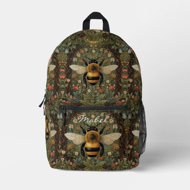 Personalise retro bumblebee boho botanical floral printed backpack (Front)