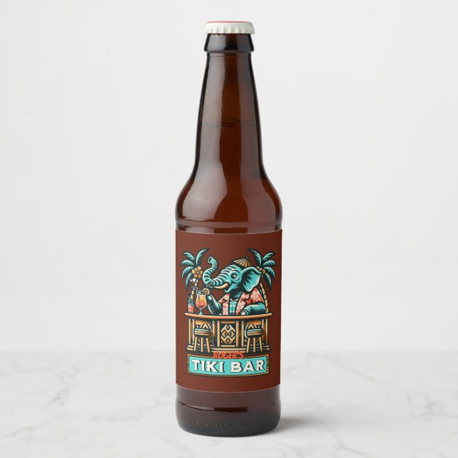 Personalise Retro Elephant Tiki Bar Beer Bottle Label (Front)