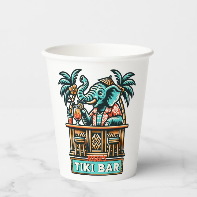 Personalise Retro Elephant Tiki Bar Paper Cups (Front)