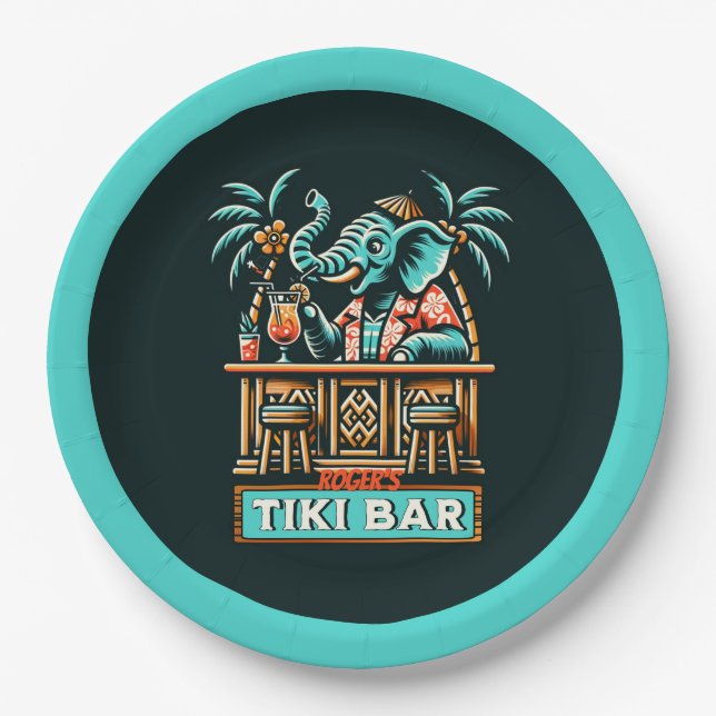 Personalise Retro Elephant Tiki Bar Paper Plate (Front)