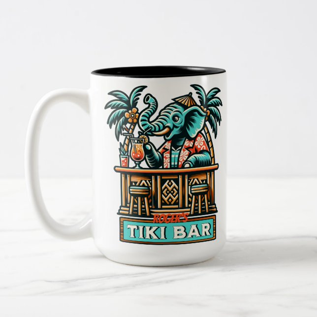 Personalise Retro Elephant Tiki Bar Two-Tone Coffee Mug (Left)