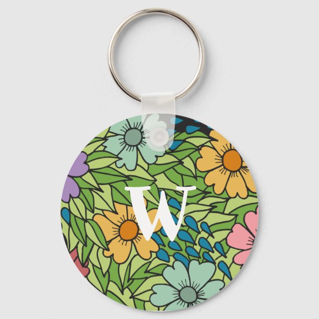 Personalise Retro Flowers Large Scale Multicolor Key Ring (Front)