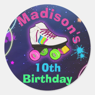 Personalise Roller Skating Neon Birthday Classic Round Sticker