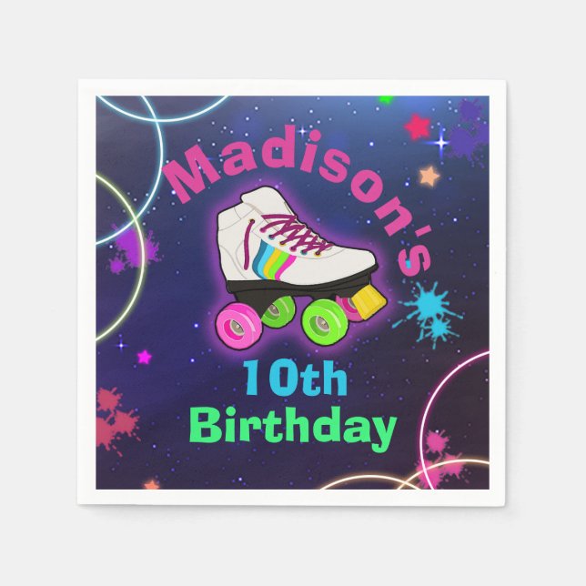 Personalise Roller Skating Neon Birthday Napkins (Front)