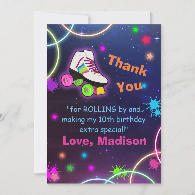 Personalise Roller Skating Neon Birthday Thank You Card (Front)