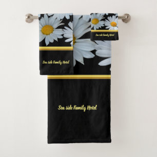 Personalise romantic daisy gold foil with black bath towel set