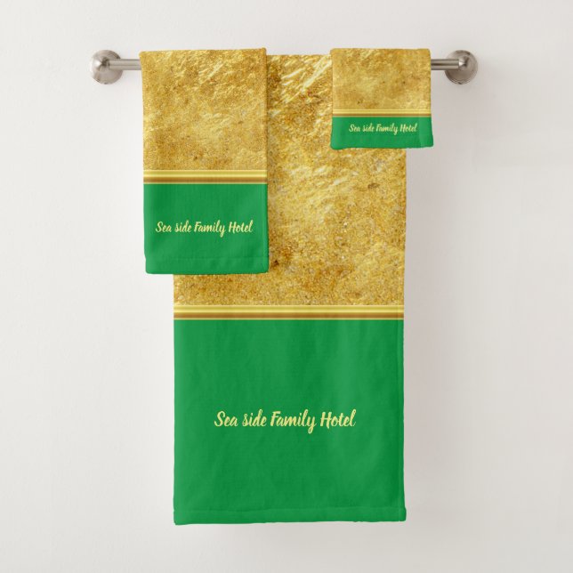 Personalise romantic modern gold with lime green bath towel set (Insitu)