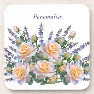 Personalise Romantic Peach Rose Lavender Bouquet Coaster