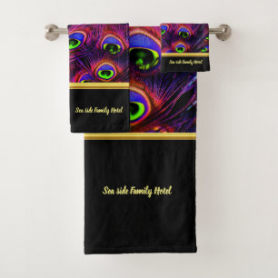 Personalise romantic purple peacock feather black bath towel set