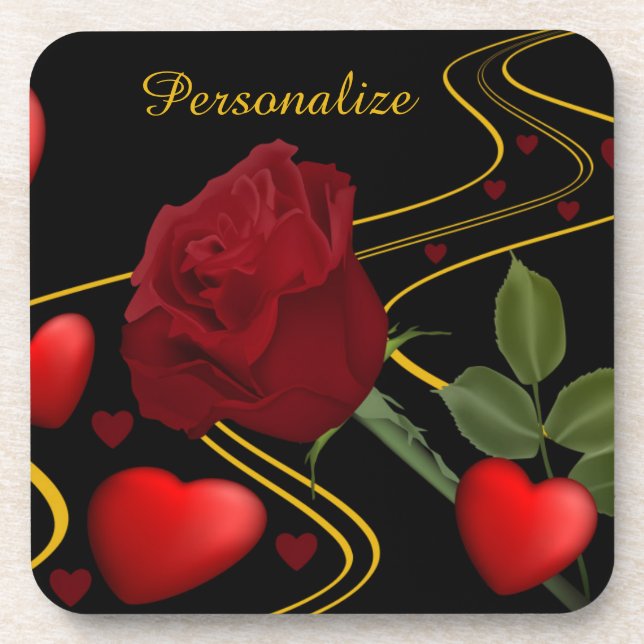 Personalise Romantic Red Hearts Roses Gold Ribbon Coaster (Front)