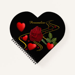 Personalise Romantic Red Hearts Roses Gold Ribbon Notebook