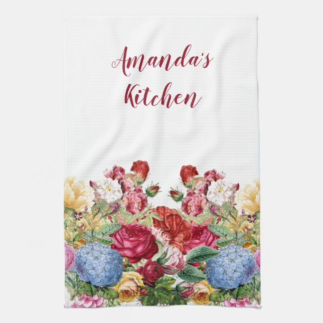 Personalise Rose and Blue Hydrangea Floral  Tea Towel (Vertical)