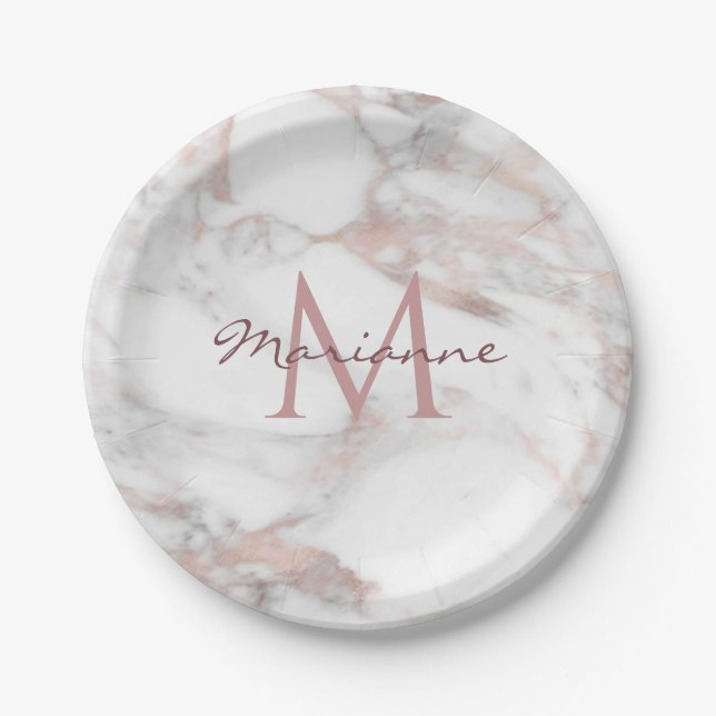 Personalise Rose Gold Marble Monogram Template Paper Plate (Front)