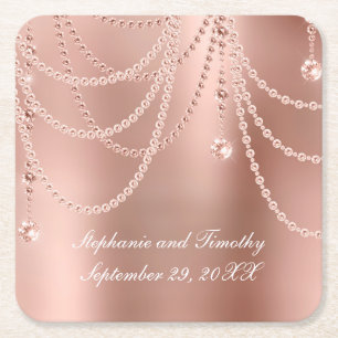 Personalise Rose Gold Pearls Diamond Bling Wedding Square Paper Coaster