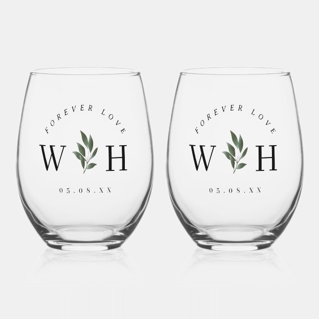 Personalise Rustic Floral Stem Wedding Monogram  Stemless Wine Glass (Front)
