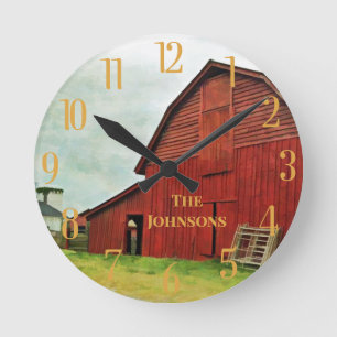 Personalise Rustic Red Barn Scene  Round Clock