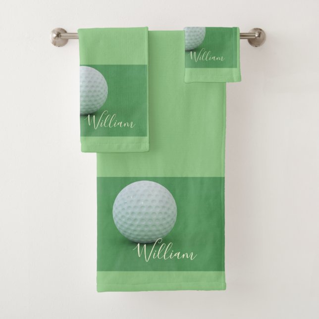 Personalise Sage Green Background Golf Ball Bath Towel Set (Insitu)