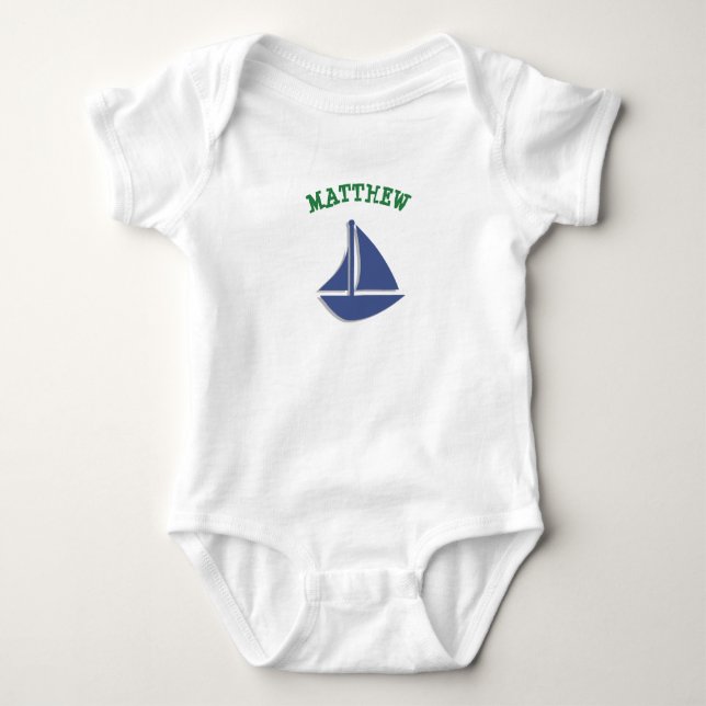 Personalise Sailboat Green and Blue Baby One Piece Baby Bodysuit (Front)