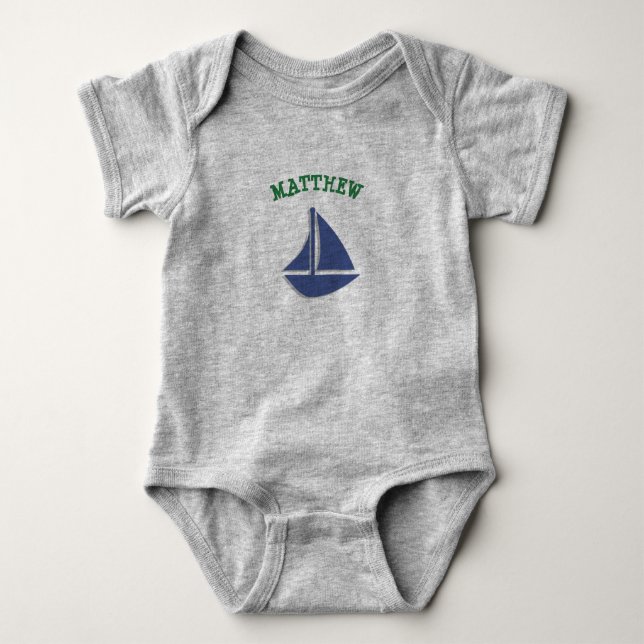 Personalise Sailboat Green and Blue Baby One Piece Bodysuit (Front)