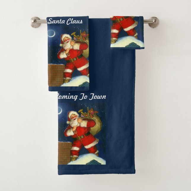 Personalise Santa Claus Christmas on Blue Bath Tow Towel Set (Insitu)