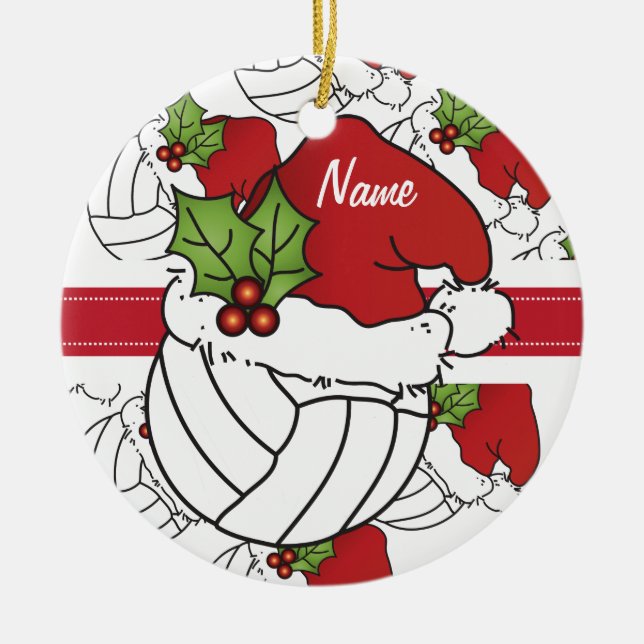 Personalise Santa Hat Christmas Volleyball Ceramic Ornament (Front)
